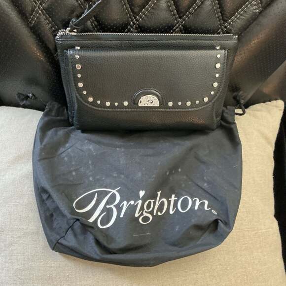 Brighton Black Pebble Leather Studded Zip Wallet Pouch with Dust Bag